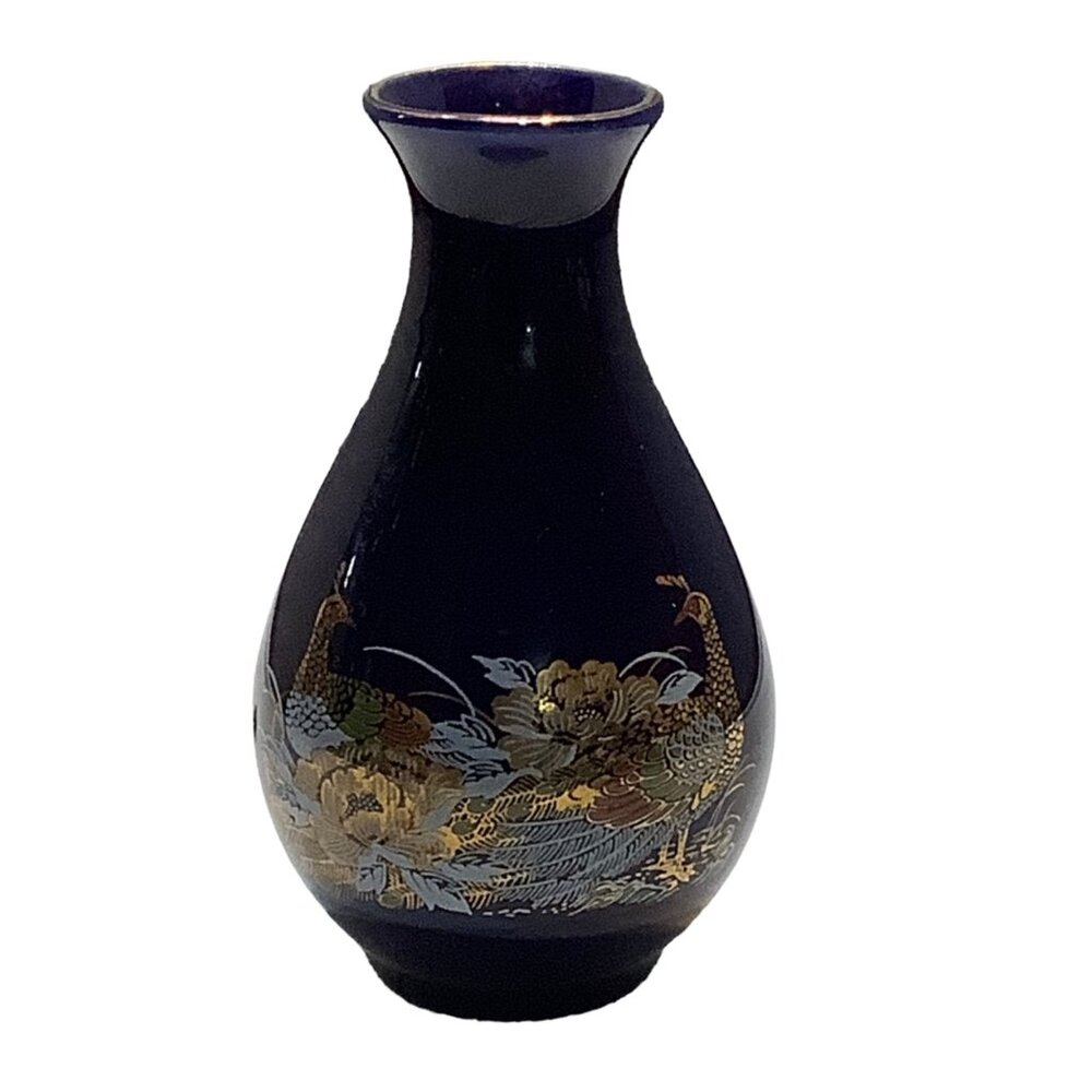 Vintage Golden Peacock Floral Design Porcelain Miniature Vase Taiwan Cobalt Blue